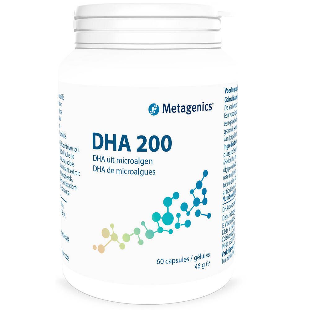 Flacon blanc de DHA 200. Logo Metagenics. Inscription: DHA uit microalgen, DHA de microalgues. 60 capsules.