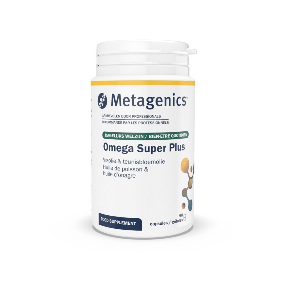 Witte pot Omega Super Plus. Metagenics-logo. Capsules/gelules. 90 stuks. Visolie en teunisbloemolie.