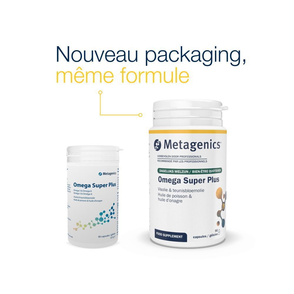 Boîte blanche Omega Super Plus. Logo Metagenics. Capsules/gélules. 90 unités. Huile de poisson et d'onagre.