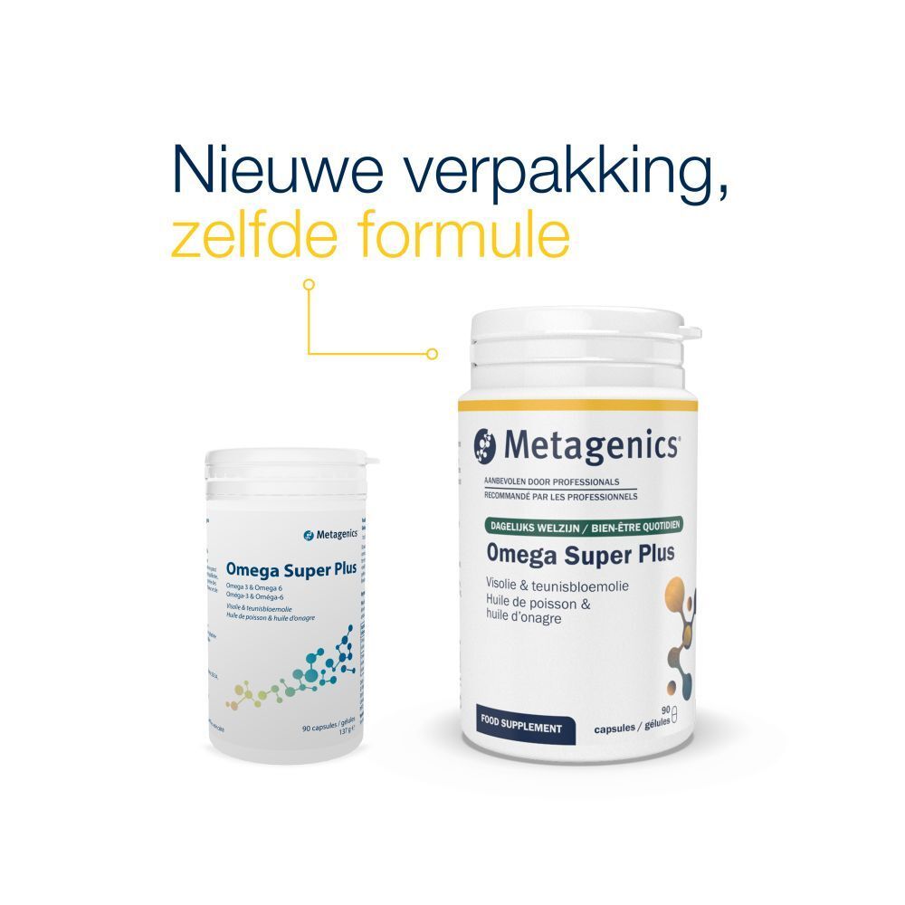 Witte pot Omega Super Plus. Metagenics-logo. Capsules/gelules. 90 stuks. Visolie en teunisbloemolie.