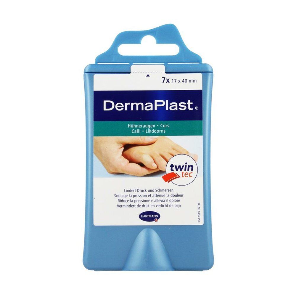 Blauwe verpakking van DermaPlast. Bevat 7 pleisters van 17 x 40 mm. Tekst: Hühneraugen, Cors, Calli, Likdoorns. Met twin tec logo.
