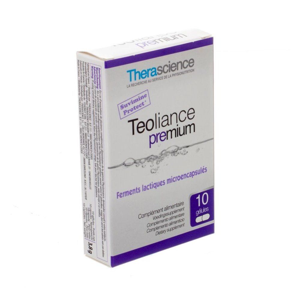 Doosje "Teoliance premium" van Therascience. Bevat 10 capsules. Opschrift: "Ferments lactiques microencapsulés".