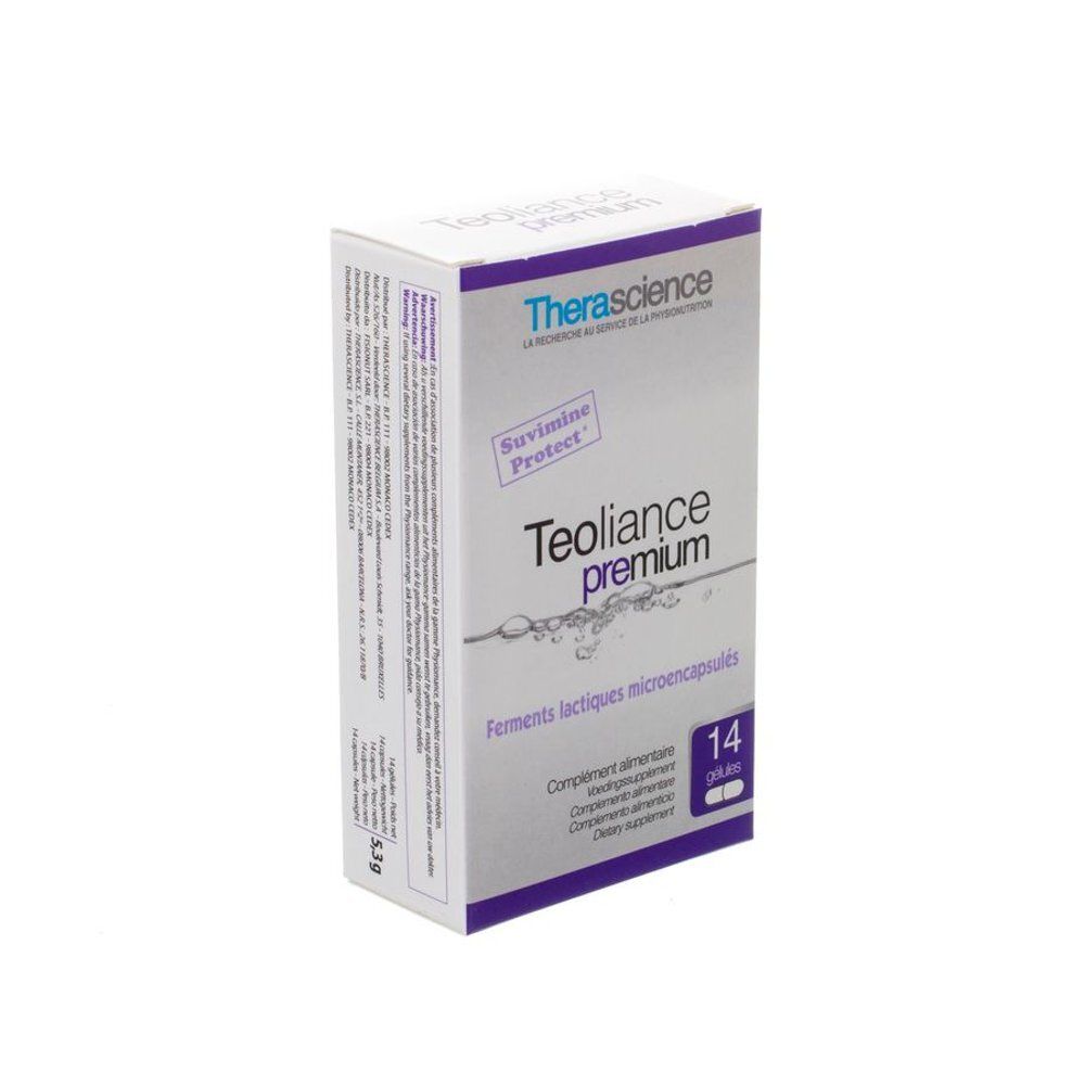 Witte doos met paarse accenten. Opschrift: Therascience, Teoliance premium, 14 capsules. Suvimine Protect.