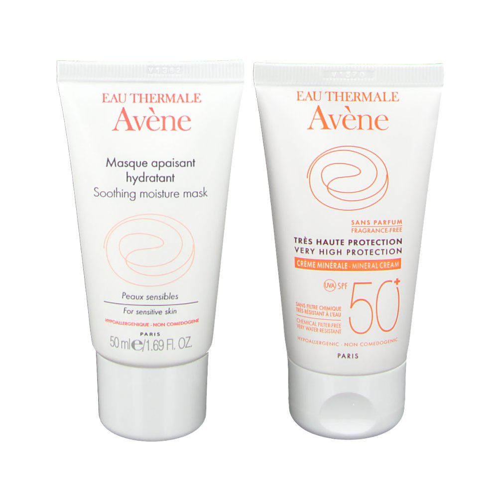 Deux tubes de crème Avène. L'un avec 'Masque apaisant hydratant', l'autre avec 'SPF 50+'.