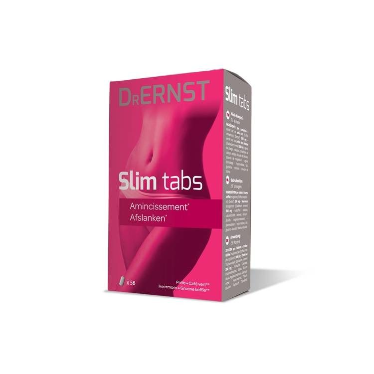 Boîte "Dr. Ernst Slim tabs" rose. Texte: "Amincissement, Afslanken". Côté avec informations produit. x56 comprimés.