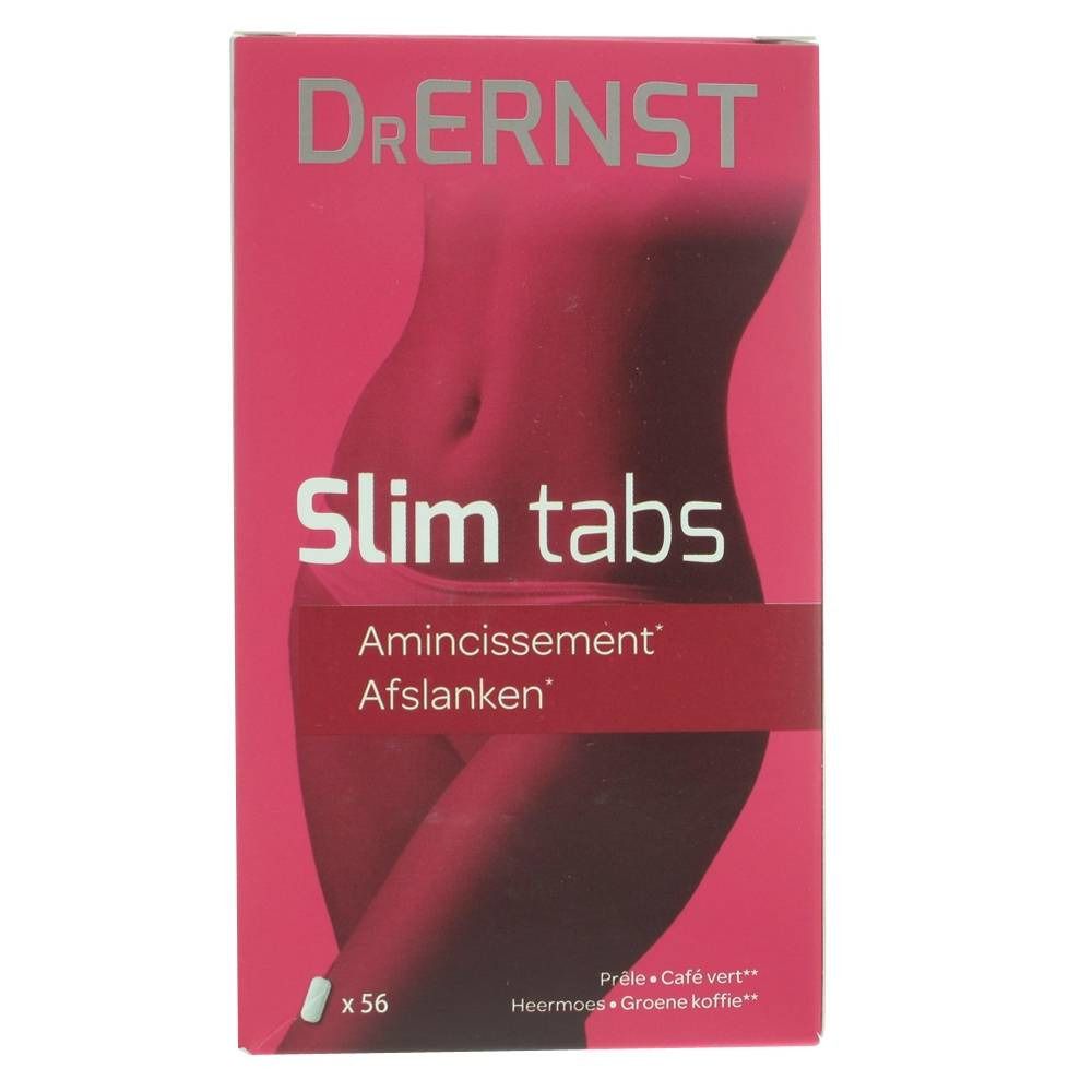 Boîte rose avec "Dr. Ernst Slim tabs". Texte: "Amincissement, Afslanken". En bas: x56 comprimés. Illustration d'une femme.