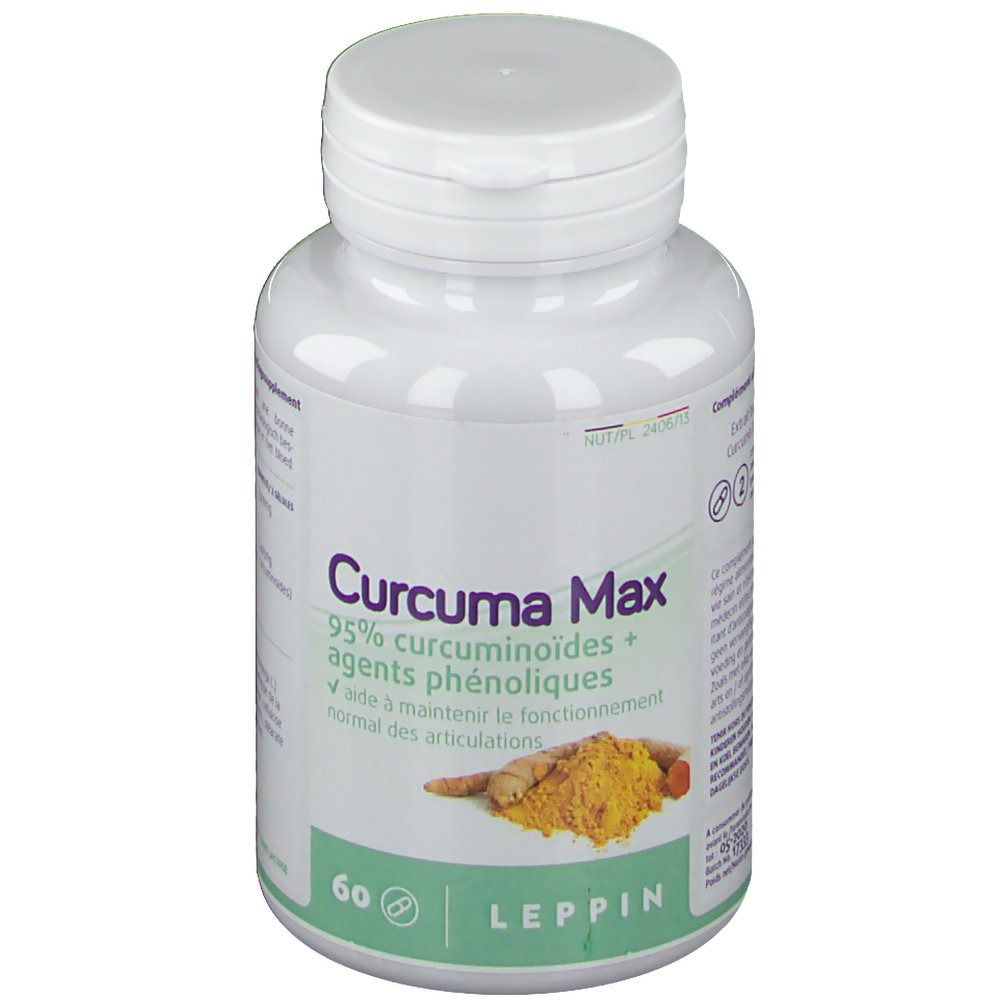 Flacon blanc "Curcuma Max". Contient 60 gélules. Logo Leppin en bas à droite. Illustration de curcuma et gingembre.