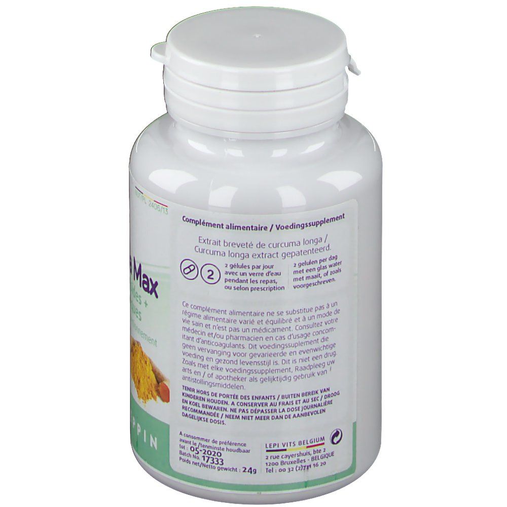 Dos du flacon blanc "Curcuma Max". Contient des informations sur les ingrédients et le dosage. Logo Leppin en bas à gauche.