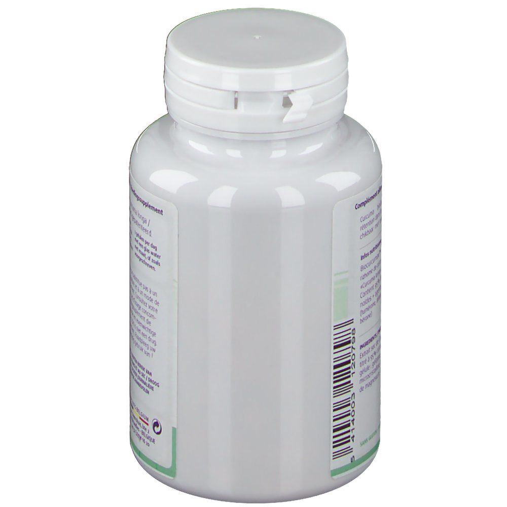 Flacon blanc "Curcuma Max" de côté. Étiquette avec informations. Code-barres et marquage vert.