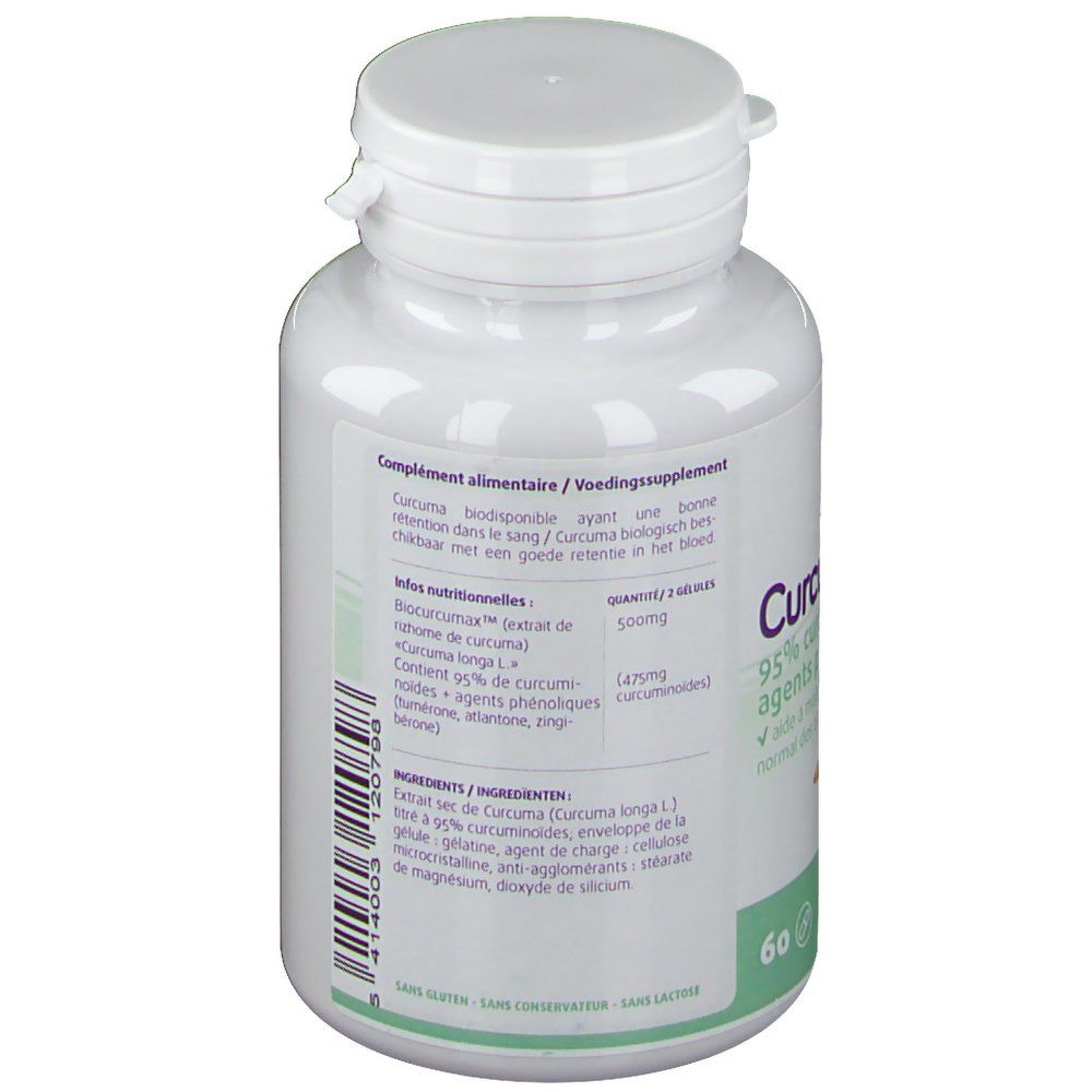 Dos du flacon blanc "Curcuma Max". Contient des informations sur les ingrédients et le dosage. 60 gélules.