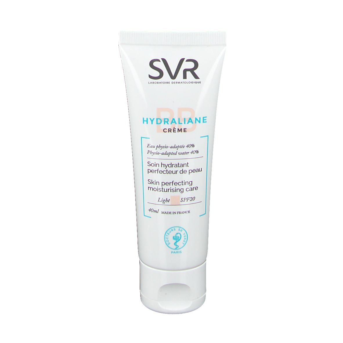 Witte tube met SVR-logo en HYDRALIANE CRÈME. Bevat SPF20 en 40ml. Franse tekst.