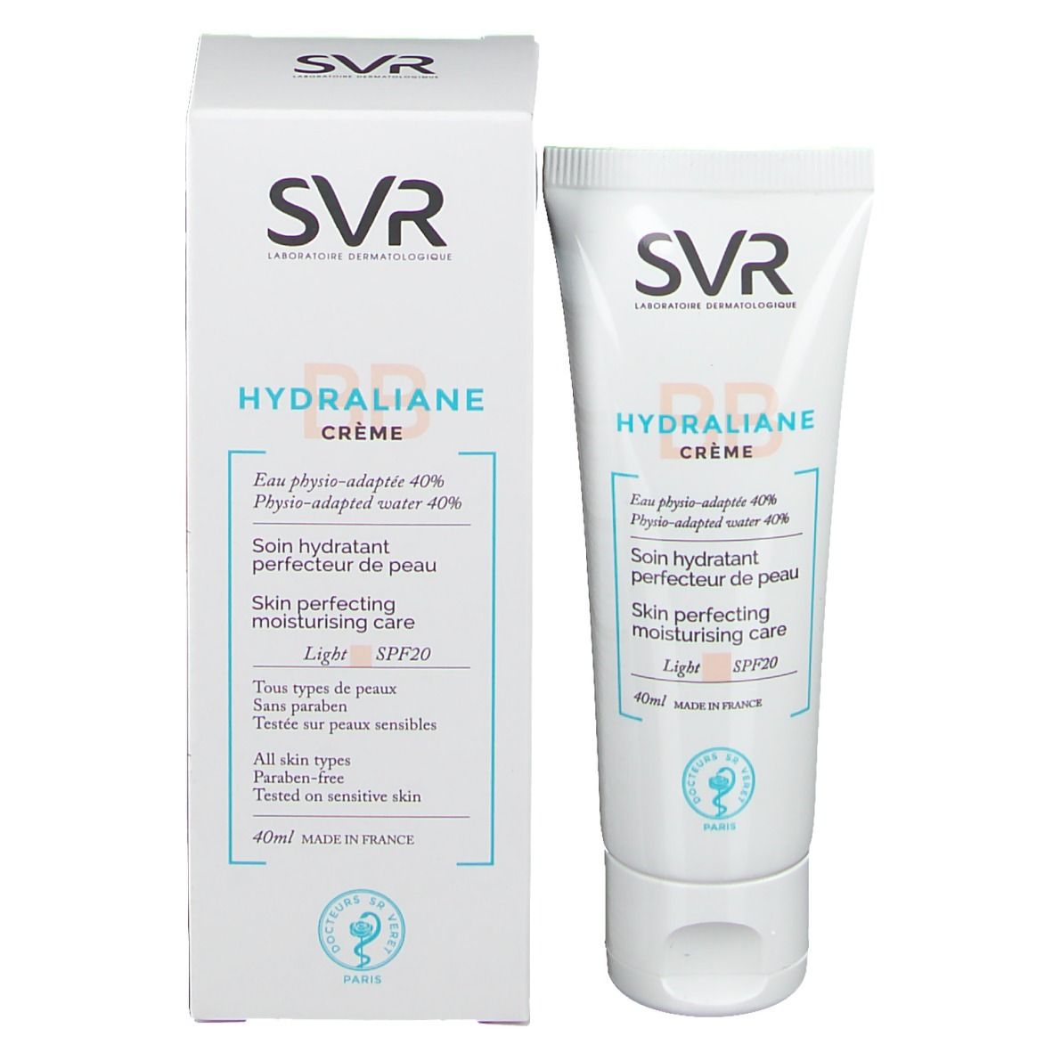 Verpakking met tube en doos. SVR HYDRALIANE CRÈME, SPF20, 40ml. Franse tekst.