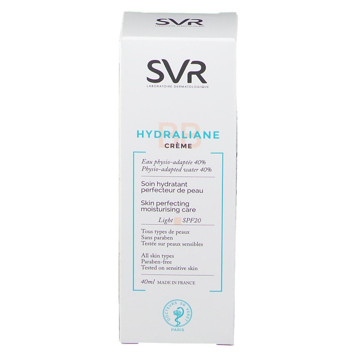 Witte verpakking met SVR-logo en HYDRALIANE CRÈME. Bevat SPF20 en 40ml. Franse tekst.