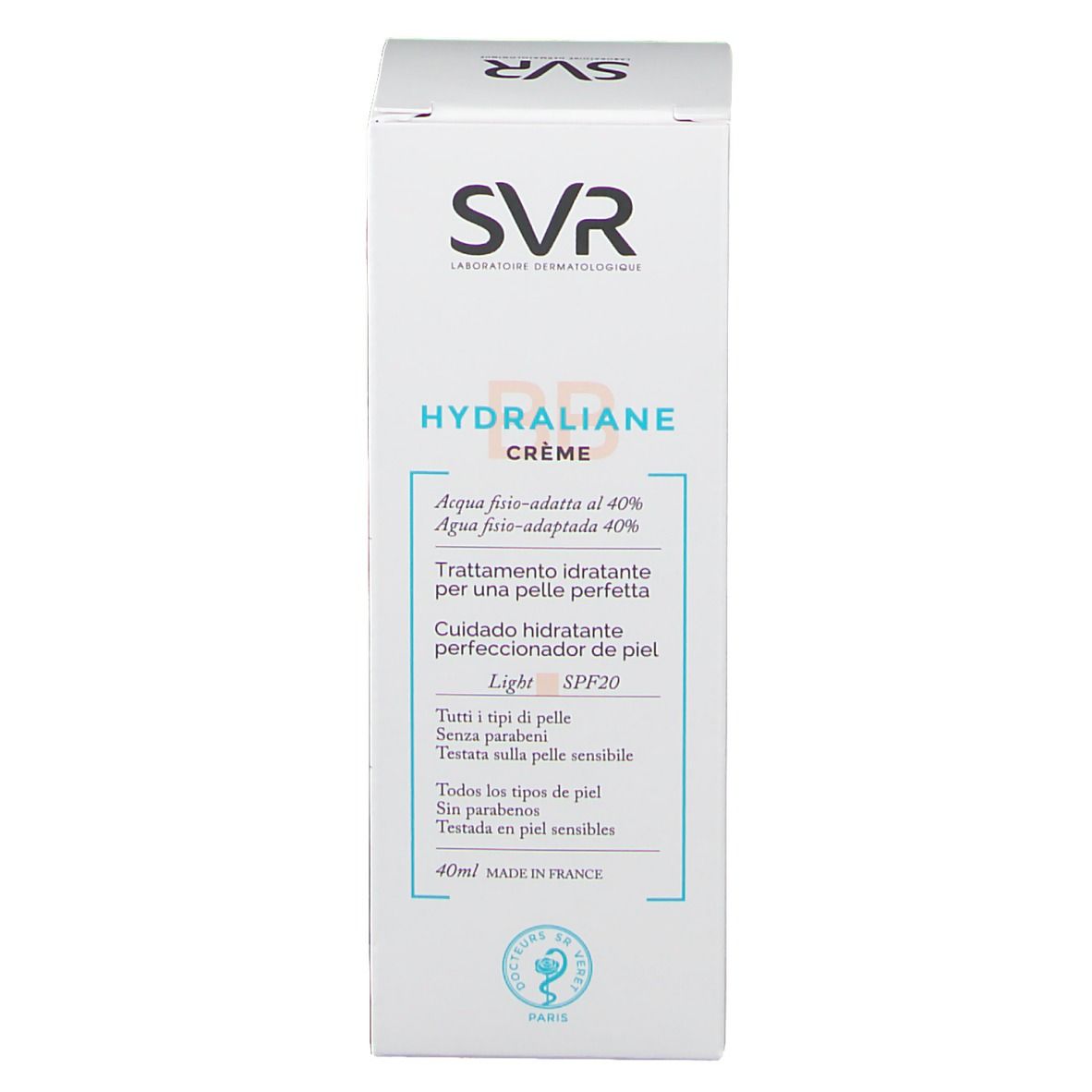 Voorkant van de verpakking. SVR HYDRALIANE CRÈME, SPF20, 40ml. Italiaanse tekst.