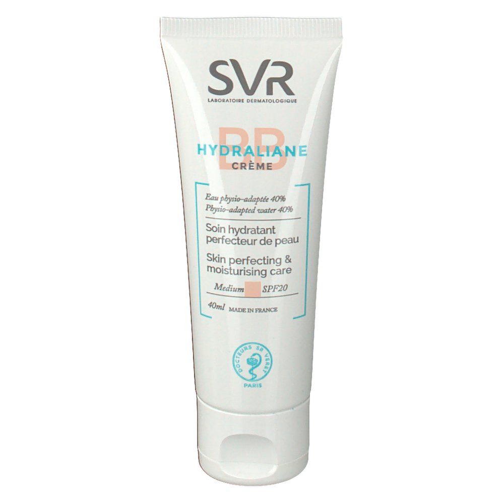 Tube de SVR HYDRALIANE BB Crème SPF20 Medium. Tube blanc avec texte bleu et rose. Contient 40ml.