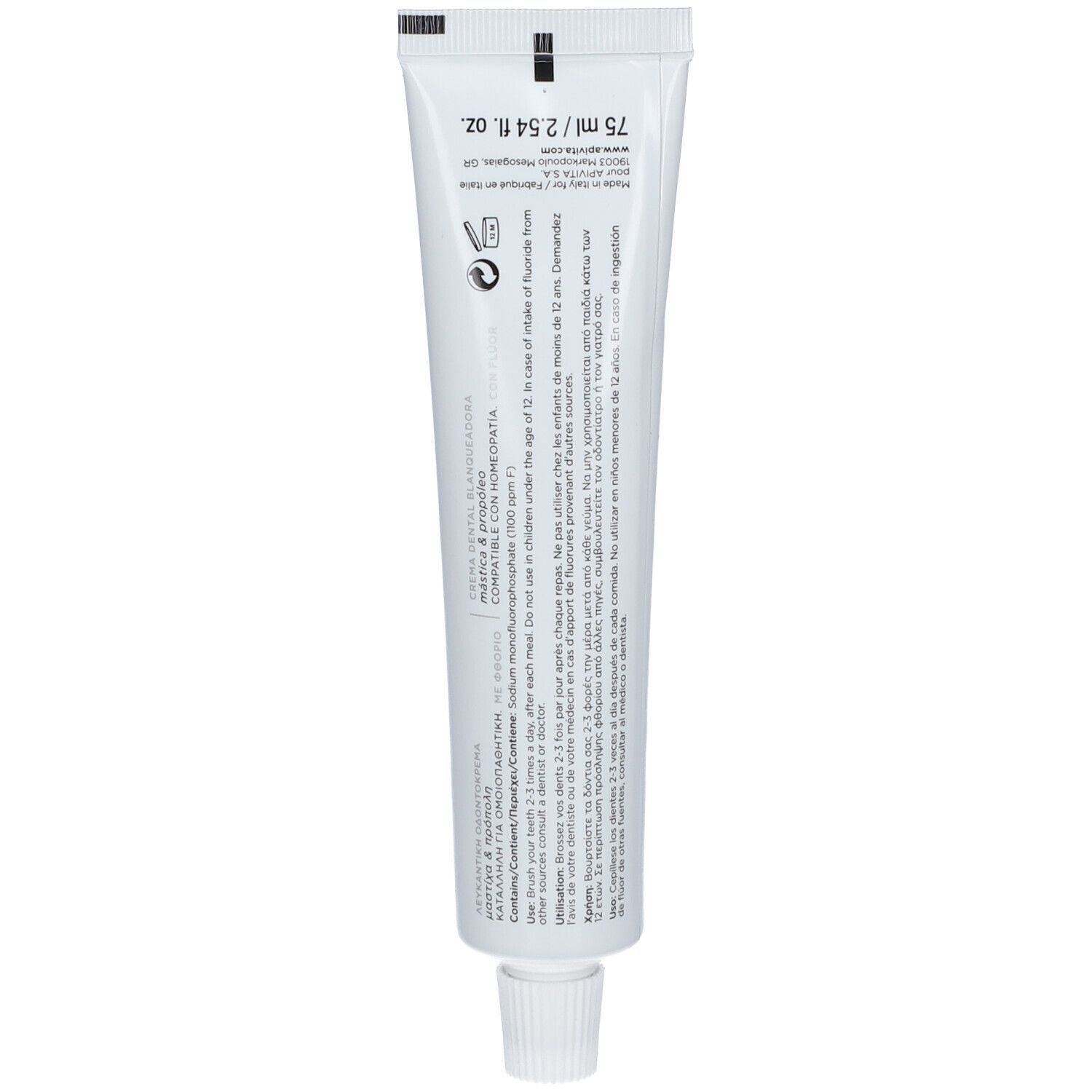 Witte tube met zwarte opdruk, 75 ml. Bevat fluoride en is homeopathisch compatibel.