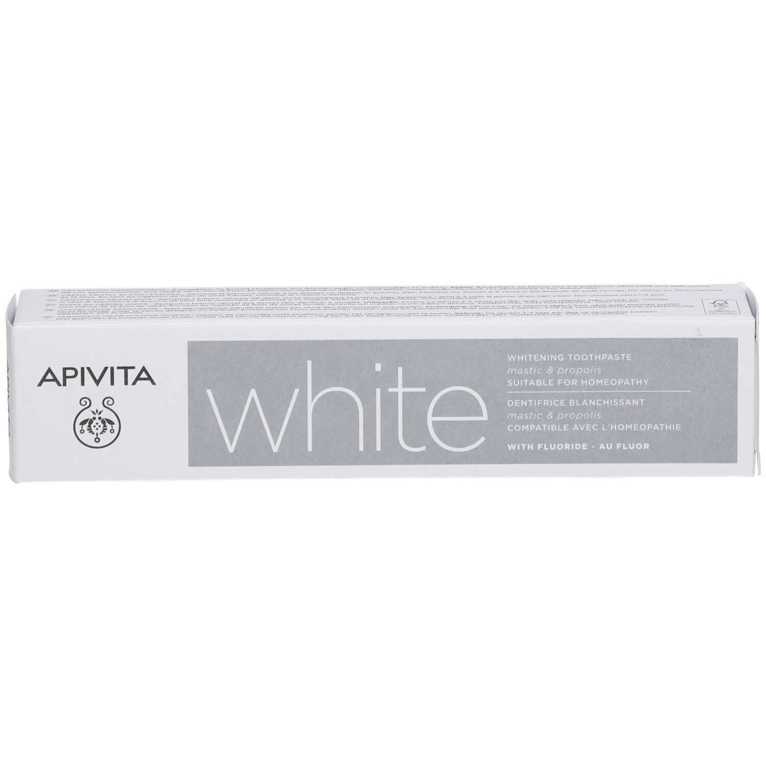 APIVITA White Whitening Toothpaste doos. Geschikt voor homeopathie. Met fluoride.