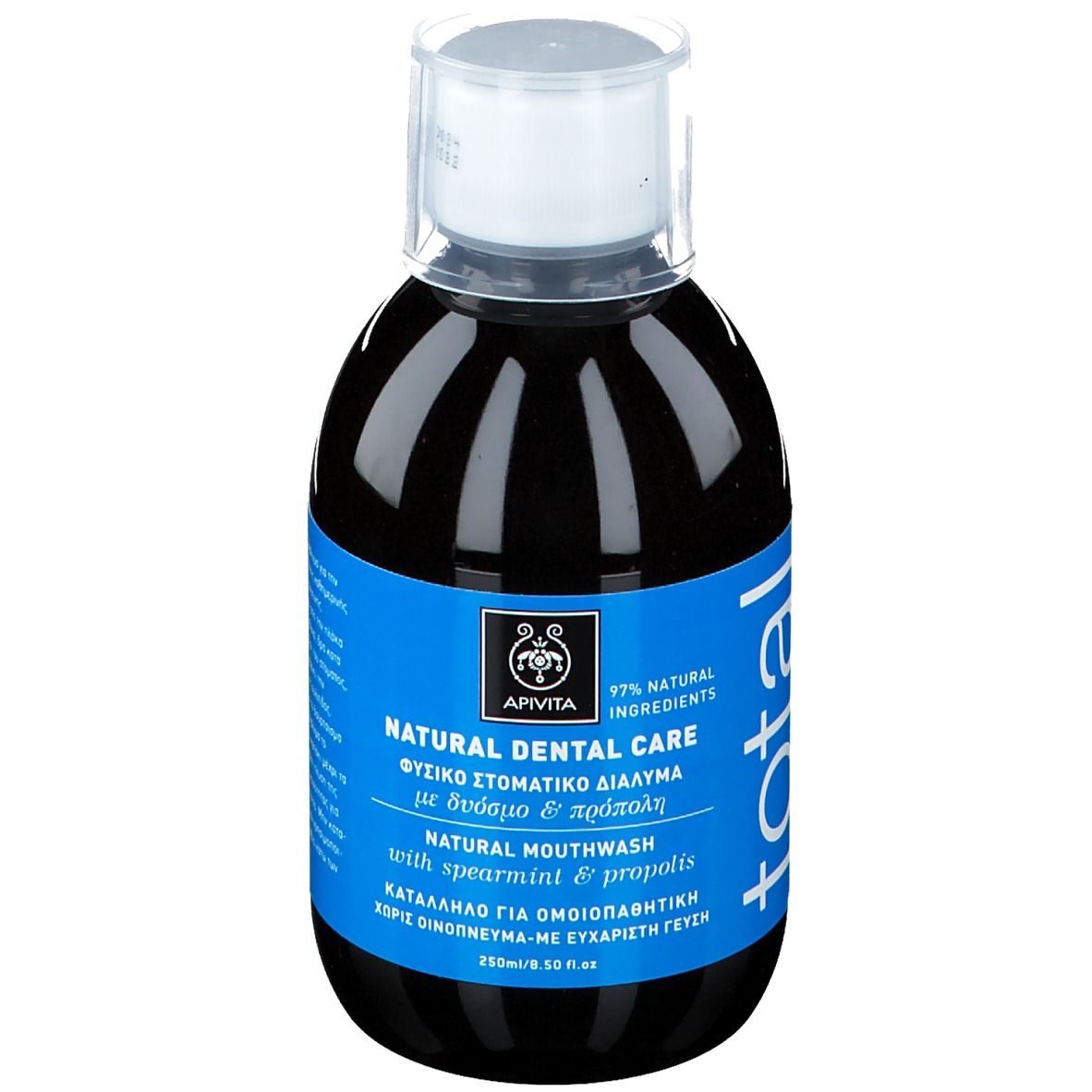 Donkere vloeistof in fles met blauw etiket. Opschrift: Natural Dental Care, mondwater met munt en propolis.
