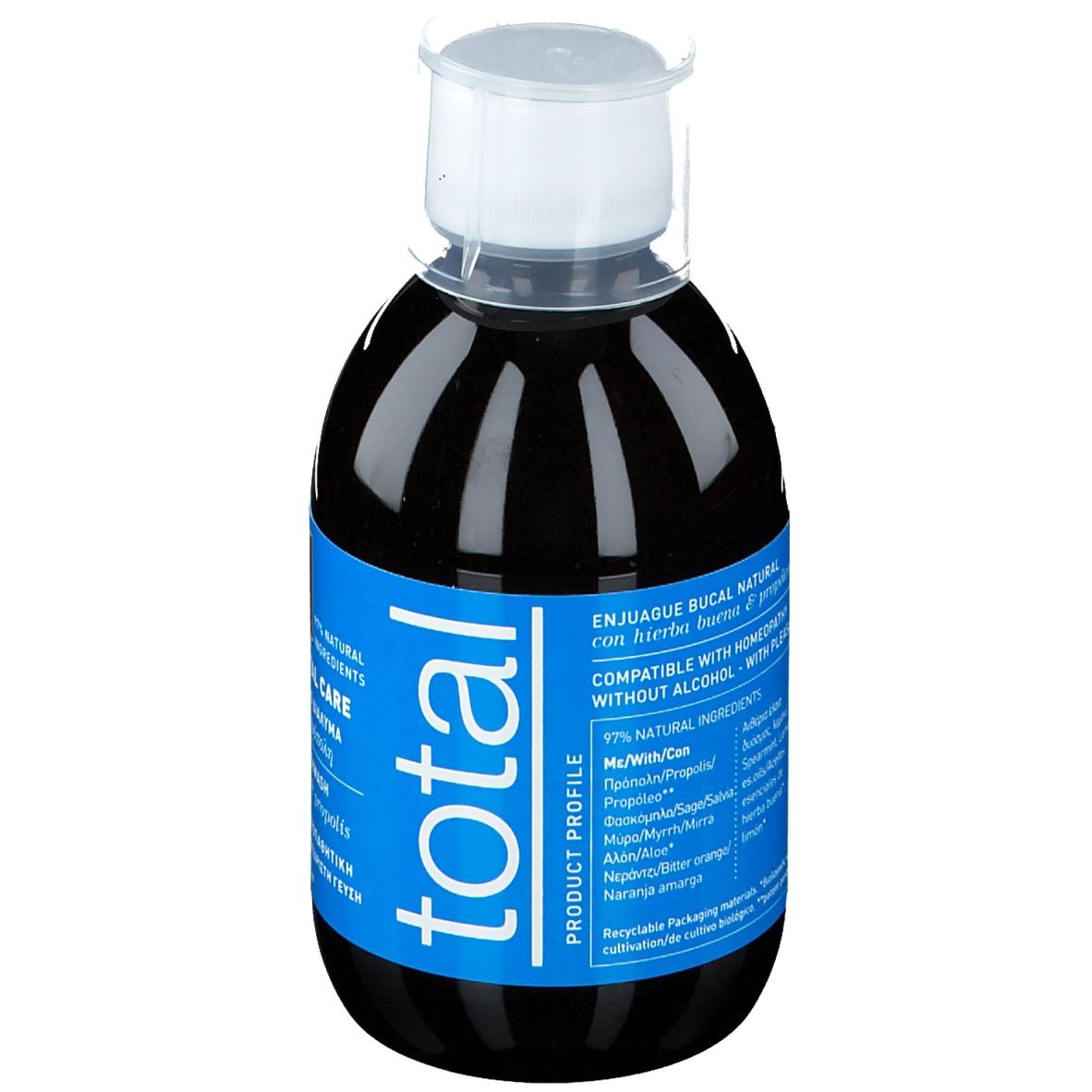 Donkere vloeistof in fles met blauw etiket. Opschrift: Mondwater met kruiden, zonder alcohol, compatibel met homeopathie.