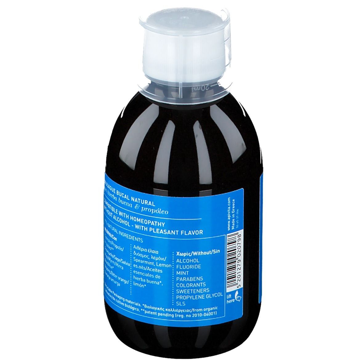 Achteraanzicht van een fles met donkere vloeistof en blauw etiket. Opschrift: Ingrediënten, zonder alcohol, met aangename smaak.