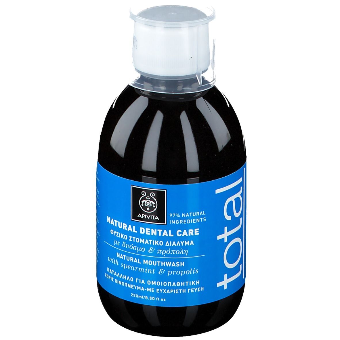 Donkere vloeistof in fles met blauw etiket. Opschrift: Natural Dental Care, mondwater met munt en propolis, 97% natuurlijke ingrediënten.