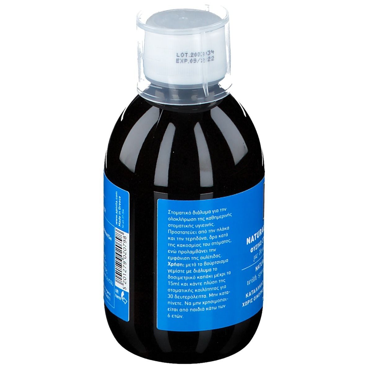 Achteraanzicht van een fles met donkere vloeistof en blauw etiket. Opschrift: Gebruiksaanwijzing, mondwater, niet voor kinderen onder 6 jaar.