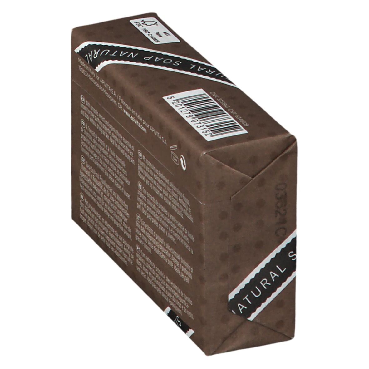 Bruine zeepverpakking met opdruk 'NATURAL SOAP'.