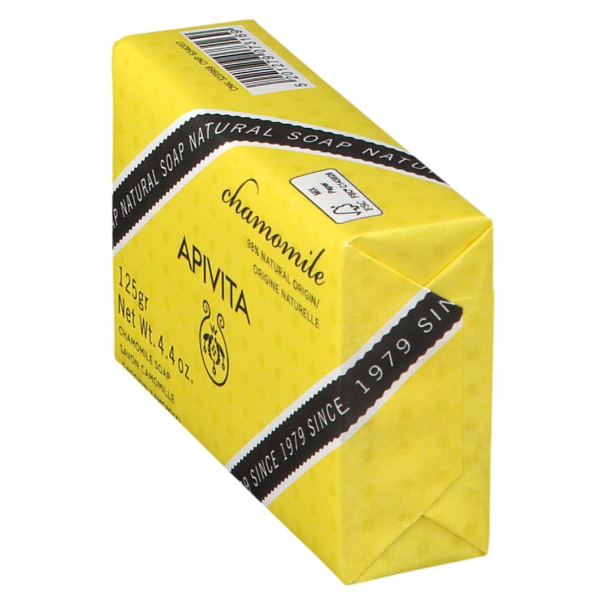 API VITA Kamille zeep, 125g, 98% natuurlijke oorsprong, gele verpakking.