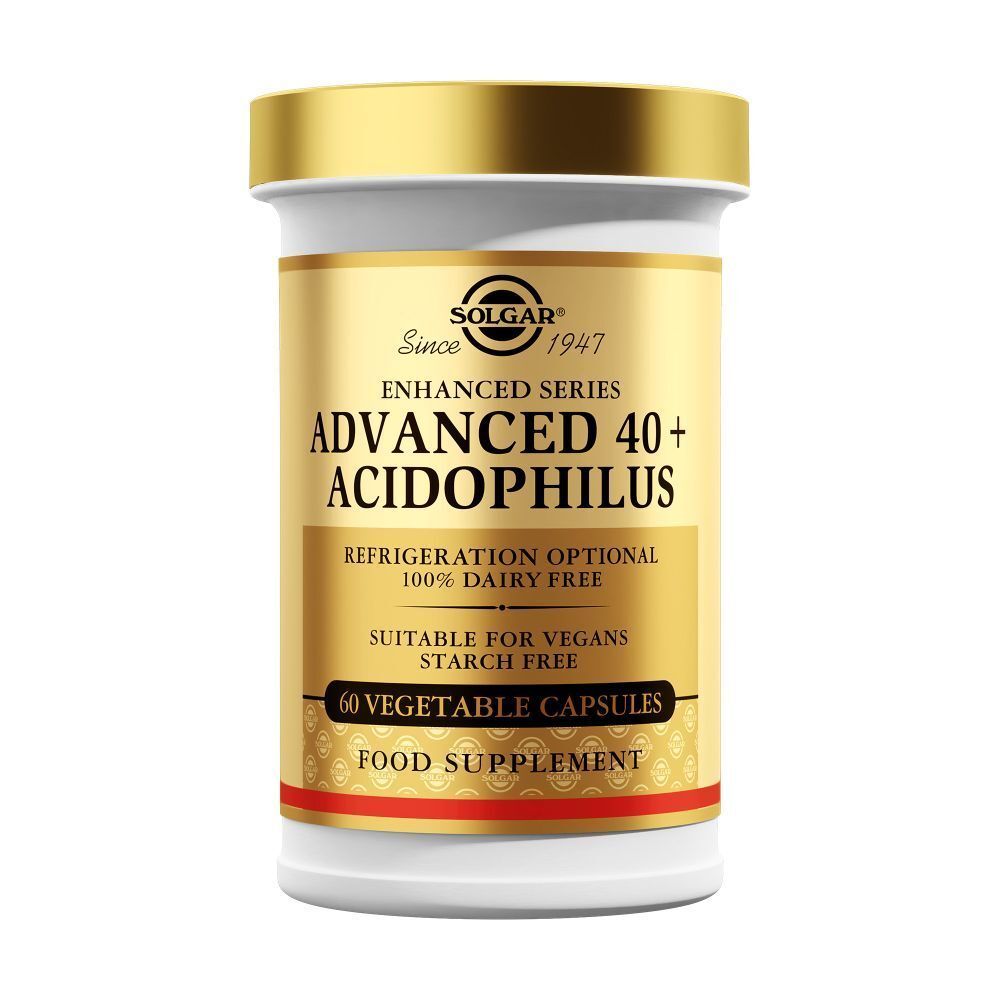 Solgar Advanced 40+ Acidophilus. Fles met gouden dop. Opschrift: 60 capsules, vegan, zuivelvrij. Wit etiket.