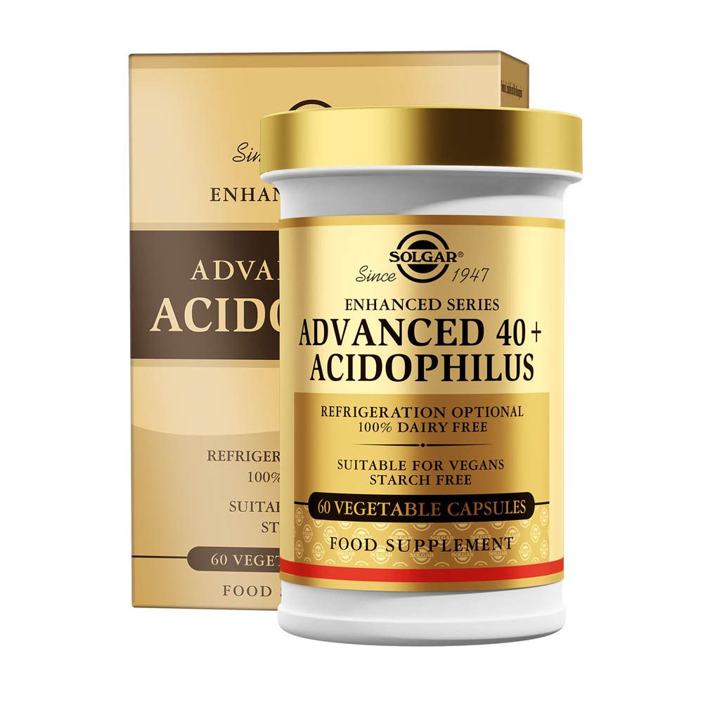 Solgar Advanced 40+ Acidophilus. Fles. 60 capsules. 100% zuivelvrij. Geschikt voor veganisten.