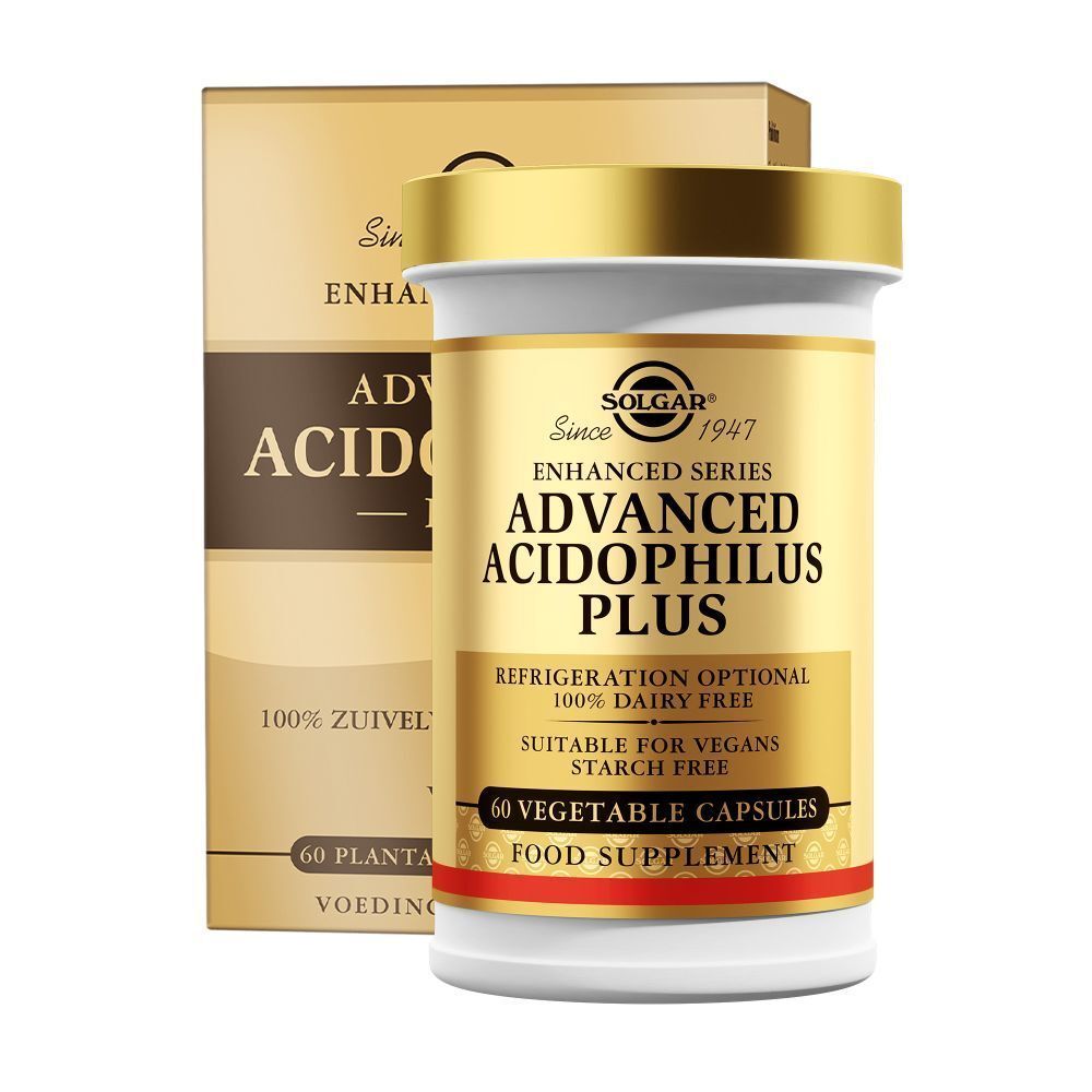 Solgar® Advanced Acidophilus Plus pot en doos. Opschrift: Enhanced Series, 60 capsules, vegan.