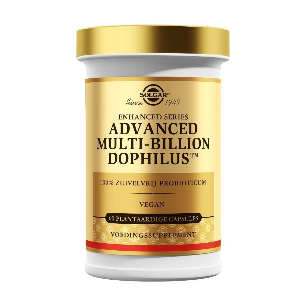 Solgar® Advanced Multi-Billion Dophilus™. Flacon. 60 gélules. Couvercle doré. Depuis 1947.
