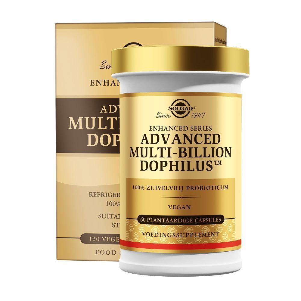 Solgar® Advanced Multi-Billion Dophilus™. Fles en doos. Gouden dop. 120 capsules. Veganistisch. Zuivelvrij.