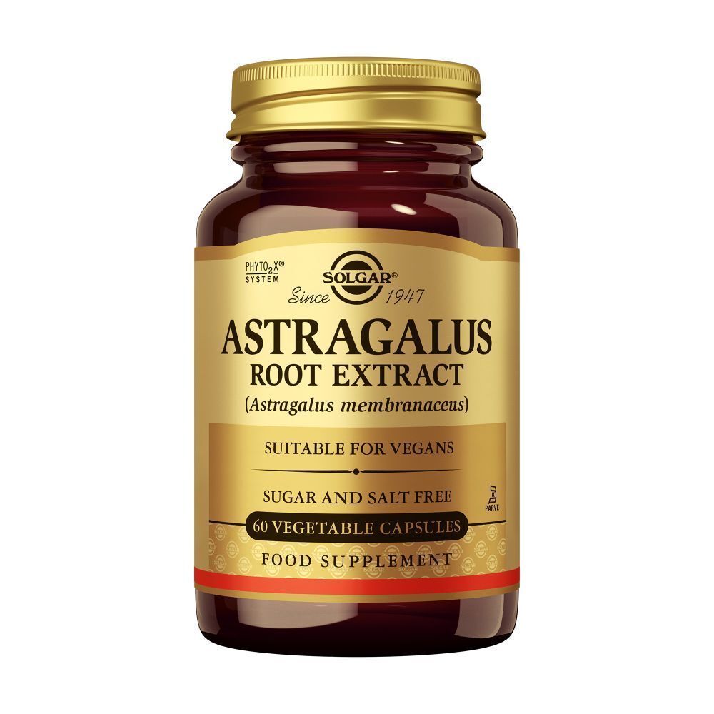 Bruine glazen fles met gouden dop. Etiket met productnaam: Astragalus Root Extract. 60 capsules. Merk: Solgar.