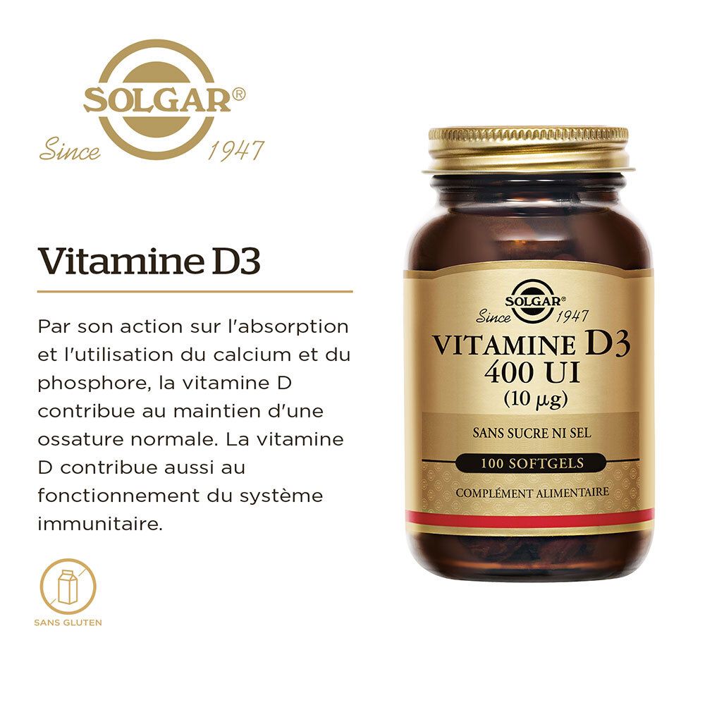 Flacon en verre avec Vitamine D3. Texte : Vitamine D3, 400 UI, 100 gélules. Sans sucre. Sans gluten.