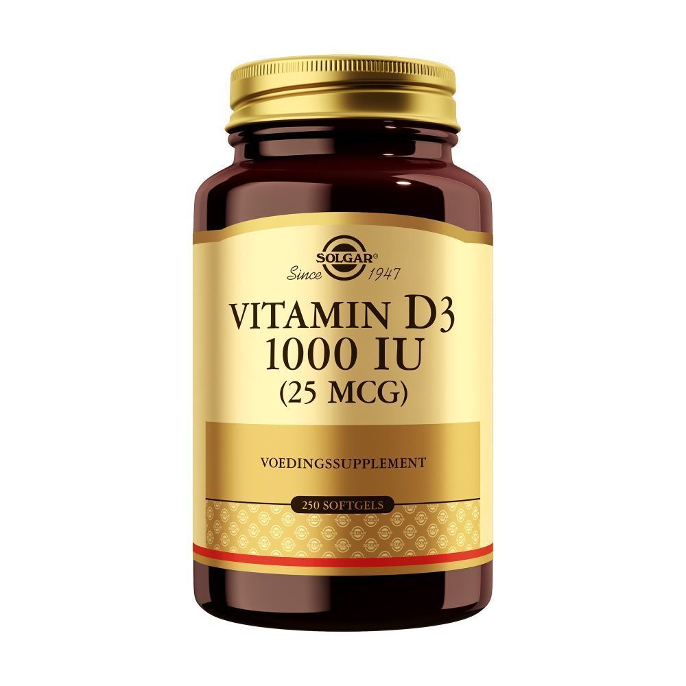 Bruine glazen fles met gouden dop. Etiket met SOLGAR, Vitamine D3 1000 IE (25 µg) en 250 softgels.