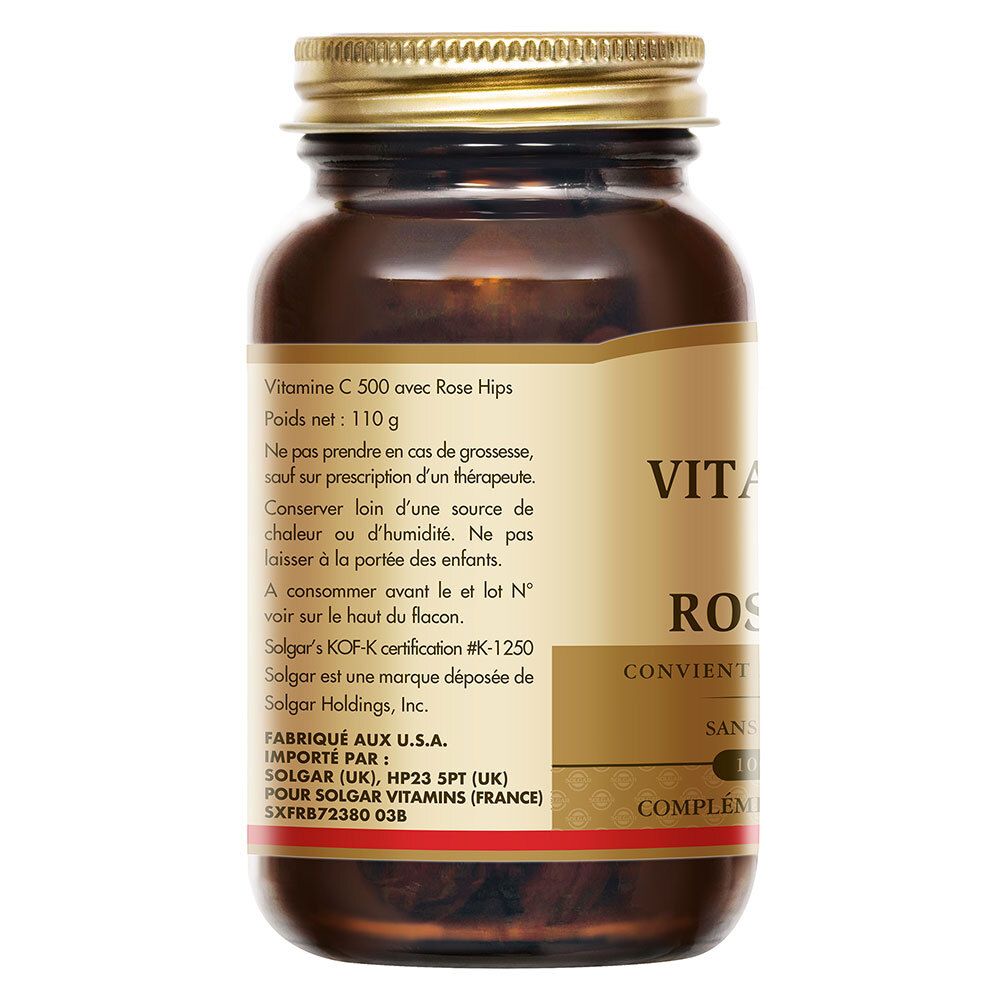 Achterkant van de bruine glazen fles. Etiket met productinformatie, ingrediënten, fabrikantgegevens en certificeringen.