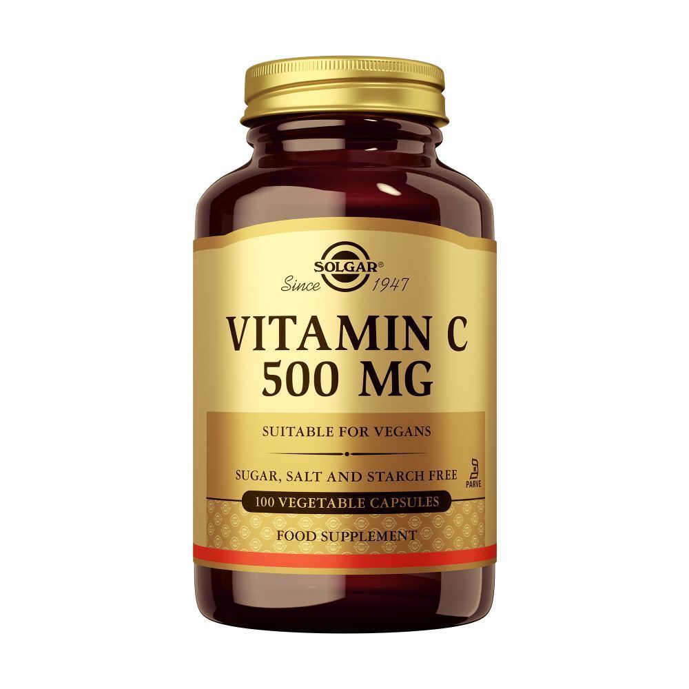 Bruine glazen fles met gouden deksel. Opschrift: Vitamine C 500 MG, geschikt voor veganisten. 100 capsules.