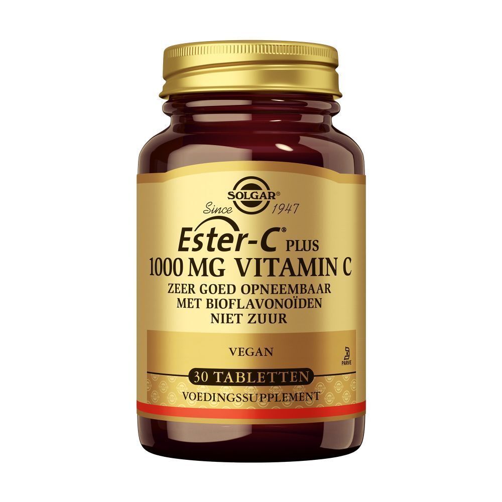 Bruine glazen fles met gouden dop. Etiket met productnaam en details: Ester-C Plus 1000 mg.