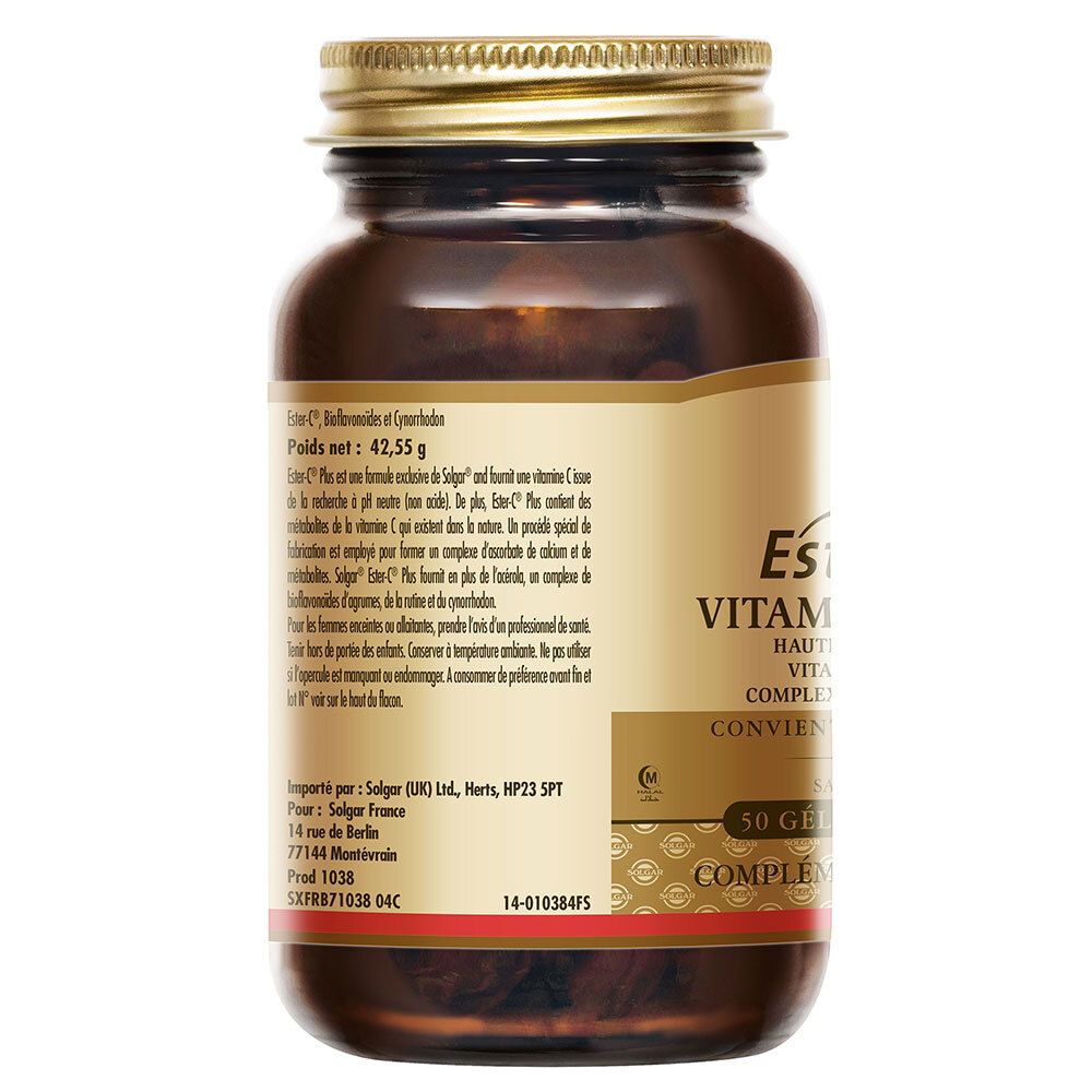 Achterkant fles met productinformatie. Meertalige tekst. Nettogewicht: 42,55 g.