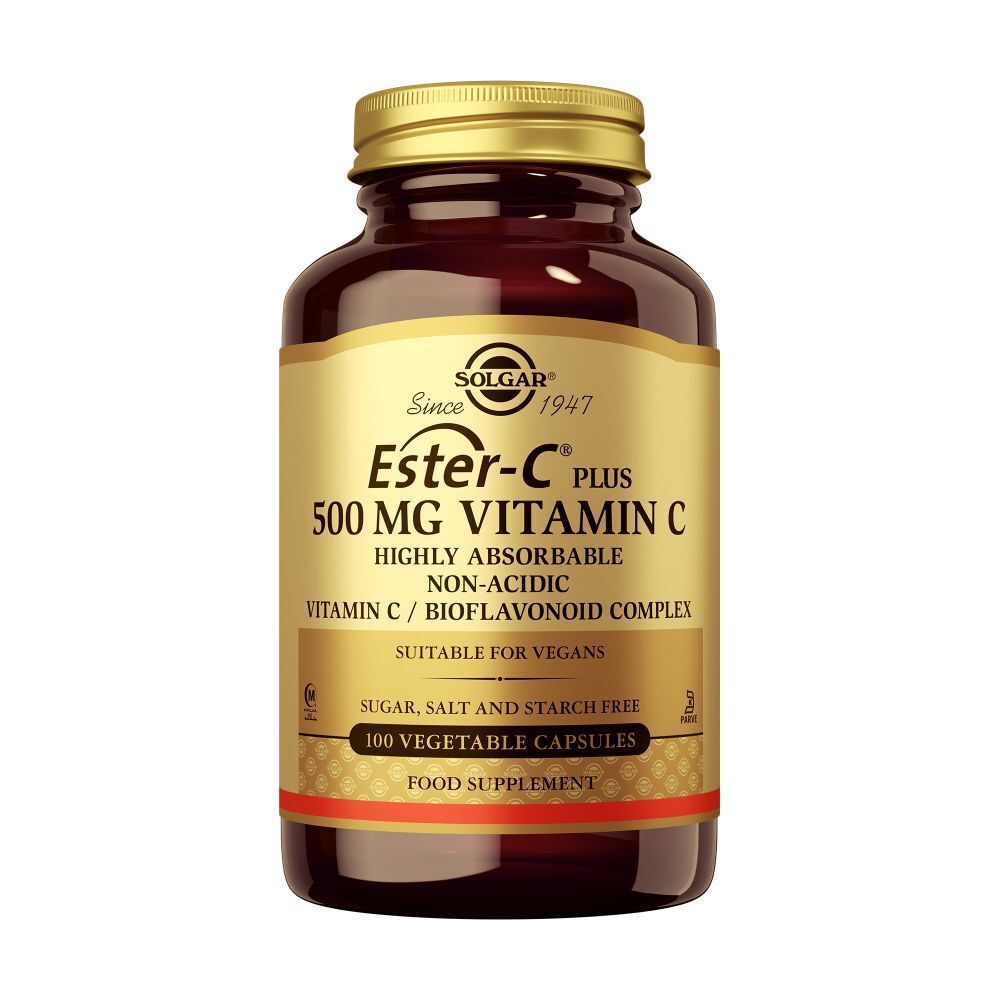 Bruine glazen fles met gouden dop. Etiket met productinformatie: Ester-C Plus 500 mg Vitamine C. 100 capsules.