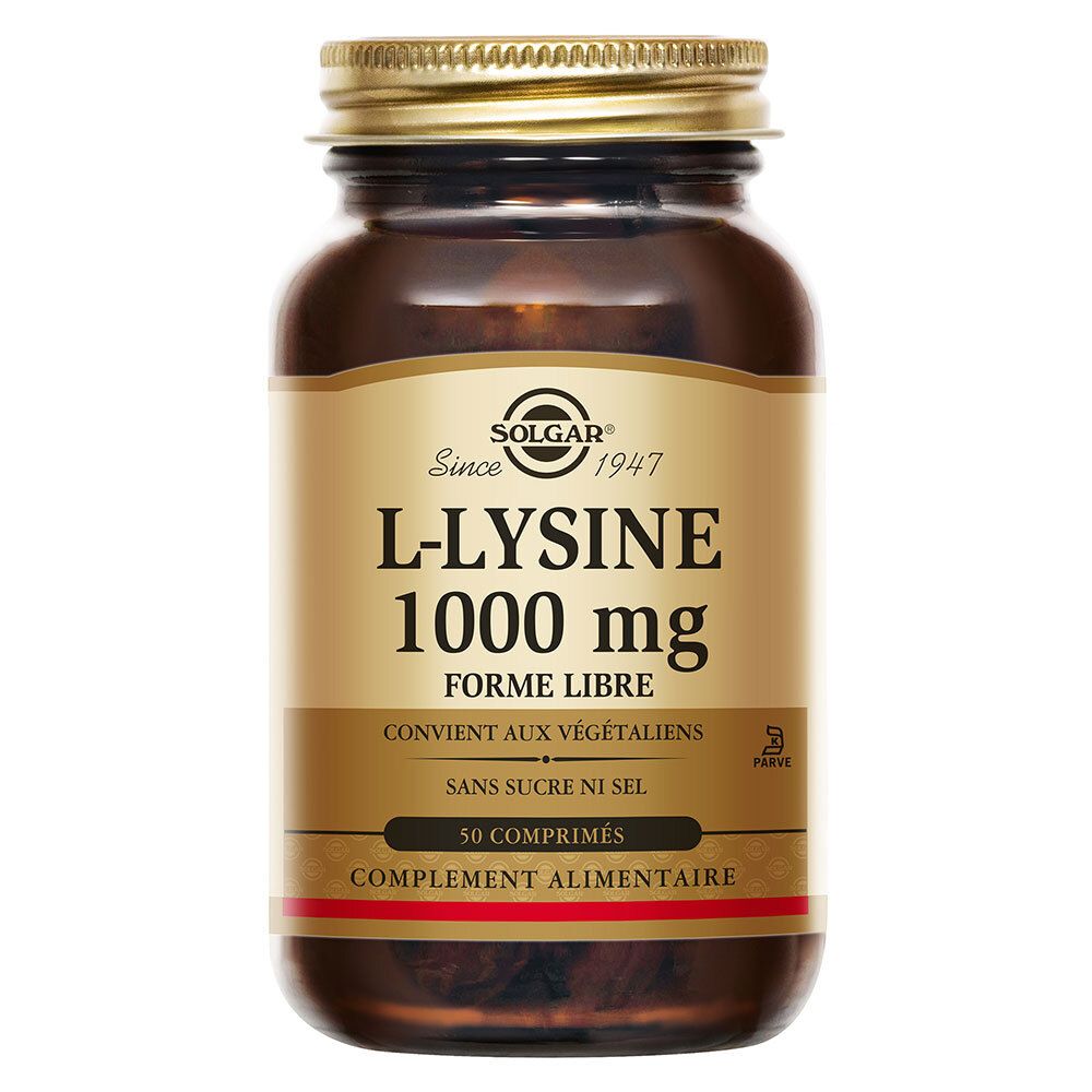 Flacon en verre brun avec bouchon doré. Étiquette avec nom du produit et marque : Solgar® L-Lysine 1000 mg.