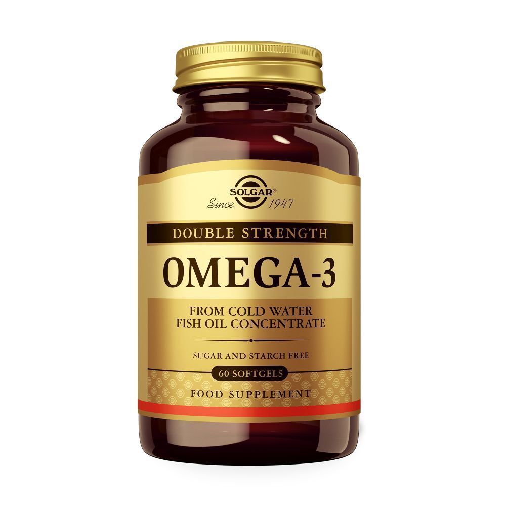 Bruine fles met gouden dop. Opschrift Double Strength Omega-3. 60 softgels.