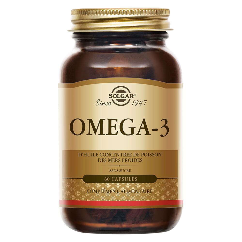 Flacon en verre brun, bouchon doré. Étiquette avec « Omega-3 » et marque Solgar. 60 capsules.