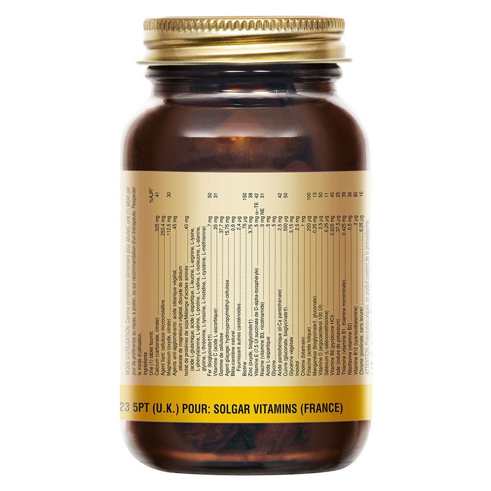 Dos d'un flacon en verre brun avec couvercle doré. Étiquette avec ingrédients. Inscription: Solgar Prenatal Nutrients.