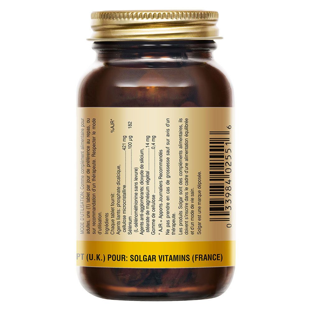 Dos du flacon. Étiquette avec informations nutritionnelles et recommandations. Fabricant : Solgar Vitamins (France).