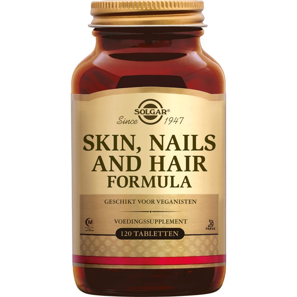 Bruine glazen fles met tabletten. Opschrift: Solgar Skin, Nails and Hair Formula, 120 tabletten, vegan.
