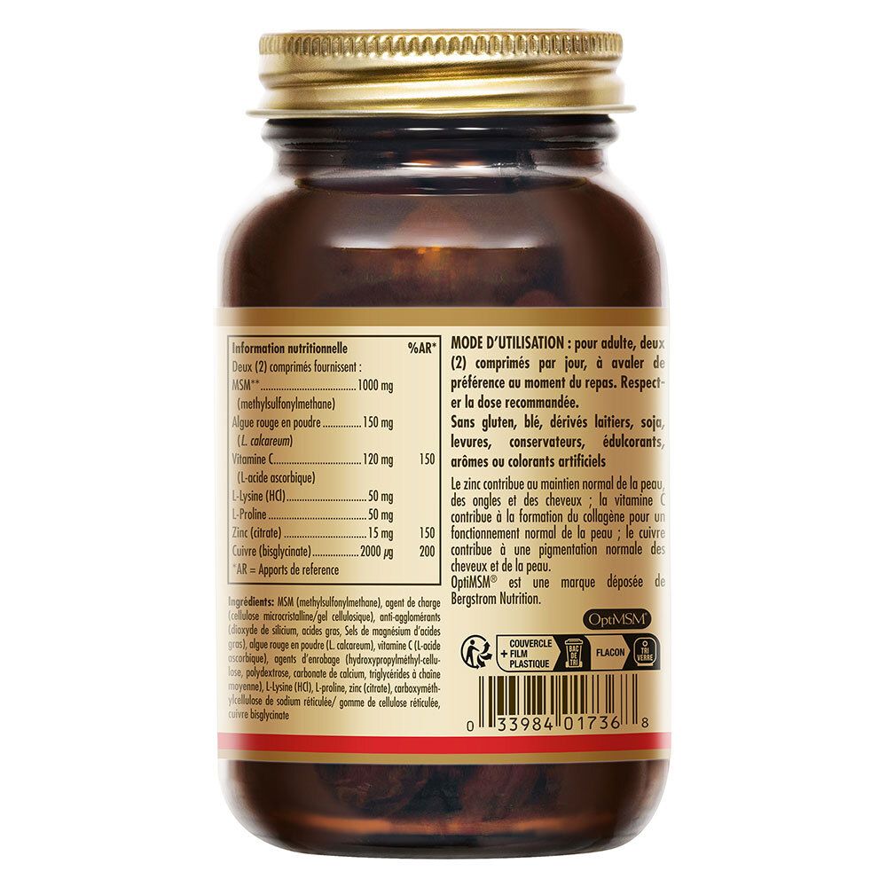 Gros plan du dos du flacon. Informations sur les ingrédients et l'utilisation. Texte en français.