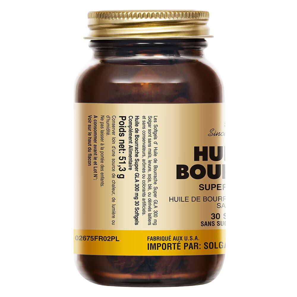 Achterkant van de fles. Etiket met productinformatie. Tekst: Huile de Bourrache Super GLA 300 mg, 30 softgels. Netto gewicht: 51,3 g.