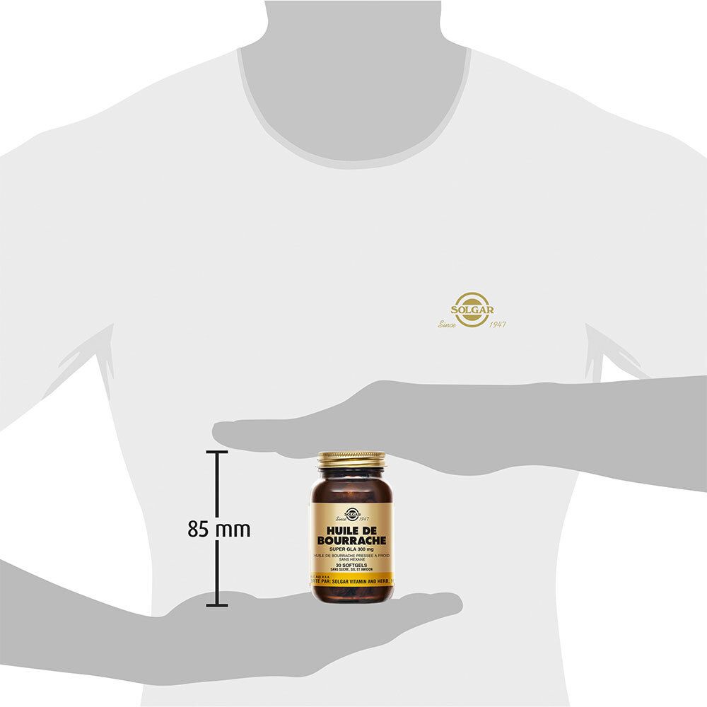 Man houdt een fles vast. Fles: Solgar Huile de Bourrache, 85 mm hoog.